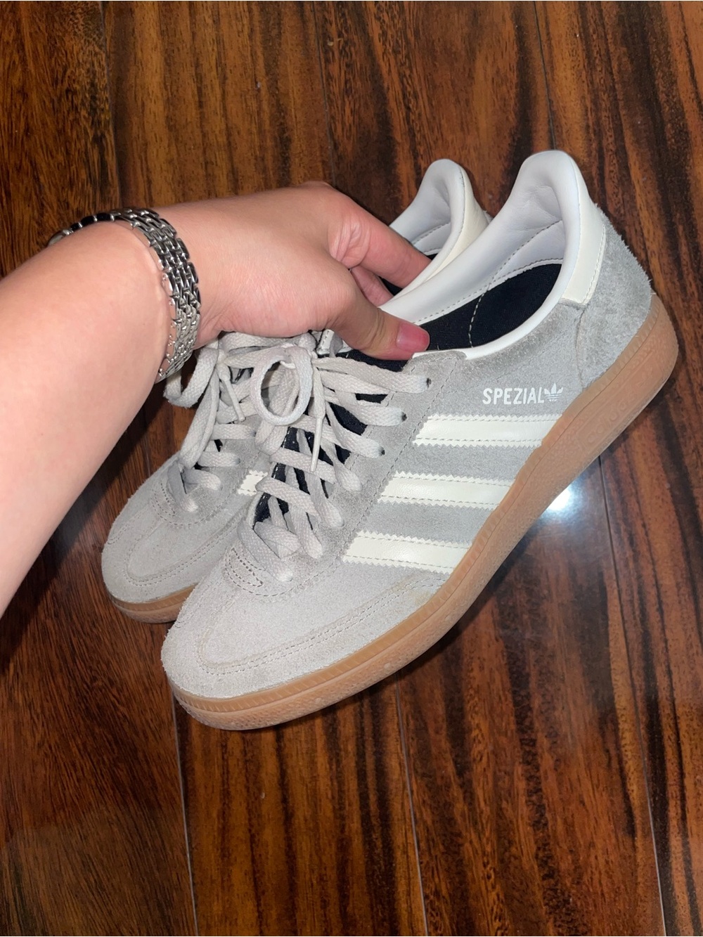Adidas Spezial Women's Suede Sneakers in Light Gray and White with Gum Sole